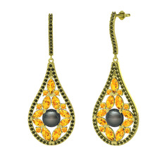 Apodemia İnci Küpe - Siyah inci, sitrin ve peridot 8 ayar altın küpe #okunkq