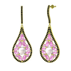 Apodemia İnci Küpe - Inci, pembe kuvars ve siyah zirkon 8 ayar altın küpe #optilm