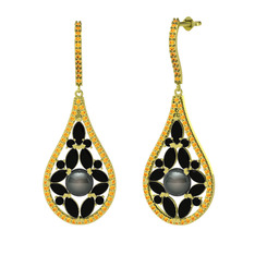 Apodemia İnci Küpe - Siyah inci, siyah zirkon ve sitrin 8 ayar altın küpe #pjgg7f