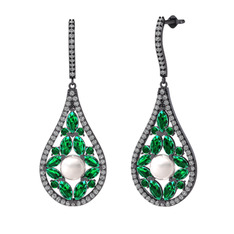 Apodemia İnci Küpe - Inci, yeşil kuvars ve swarovski 925 ayar siyah rodyum kaplama gümüş küpe #q2d88r
