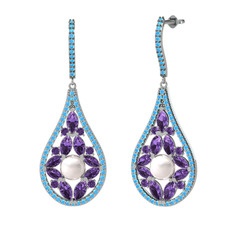 Apodemia İnci Küpe - Inci, ametist ve akuamarin 18 ayar beyaz altın küpe #q9iccy