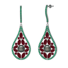 Apodemia İnci Küpe - Siyah inci, kök yakut ve kök zümrüt 8 ayar beyaz altın küpe #qerig5