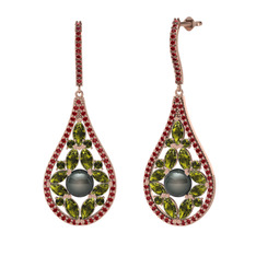 Apodemia İnci Küpe - Siyah inci, peridot ve garnet 14 ayar rose altın küpe #ql45d8