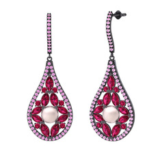 Apodemia İnci Küpe - Pembe inci, rodolit garnet ve pembe kuvars 925 ayar siyah rodyum kaplama gümüş küpe #qqyork