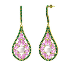 Inci, pembe kuvars ve yeşil kuvars 18 ayar altın küpe