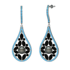 Apodemia İnci Küpe - Siyah inci, siyah zirkon ve akuamarin 8 ayar beyaz altın küpe #r4sr5o