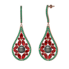 Siyah inci, garnet ve kök zümrüt 18 ayar rose altın küpe