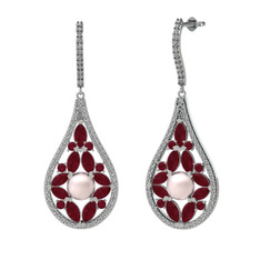 Pembe inci, kök yakut ve swarovski 18 ayar beyaz altın küpe