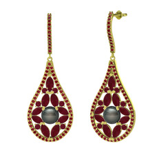 Apodemia İnci Küpe - Siyah inci, kök yakut ve garnet 14 ayar altın küpe #ryj0l0