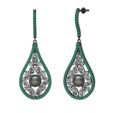 Apodemia İnci Küpe - Siyah inci, beyaz zirkon ve kök zümrüt 925 ayar siyah rodyum kaplama gümüş küpe #ryxc7g