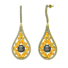 Apodemia İnci Küpe - Siyah inci, sitrin ve swarovski 8 ayar altın küpe #s3nexd