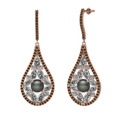 Siyah inci, swarovski ve dumanlı kuvars 925 ayar rose altın kaplama gümüş küpe