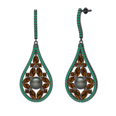 Apodemia İnci Küpe - Siyah inci, dumanlı kuvars ve kök zümrüt 925 ayar siyah rodyum kaplama gümüş küpe #s5olch