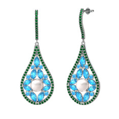 Inci, akuamarin ve yeşil kuvars 8 ayar beyaz altın küpe