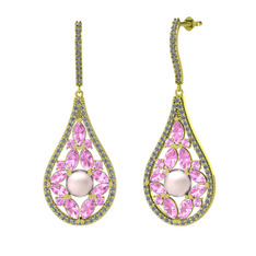 Apodemia İnci Küpe - Pembe inci, pembe kuvars ve pırlanta 18 ayar altın küpe (1.11 karat) #skjsa4