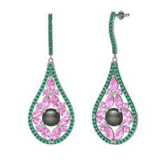 Apodemia İnci Küpe - Siyah inci, pembe kuvars ve kök zümrüt 18 ayar beyaz altın küpe #sp6q19