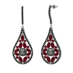 Apodemia İnci Küpe - Siyah inci, kök yakut ve siyah zirkon 18 ayar beyaz altın küpe #szfr5o