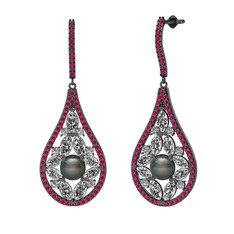 Apodemia İnci Küpe - Siyah inci, swarovski ve rodolit garnet 925 ayar siyah rodyum kaplama gümüş küpe #t5ax0j