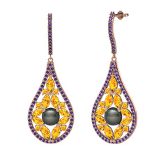 Apodemia İnci Küpe - Siyah inci, sitrin ve ametist 14 ayar rose altın küpe #teddvs