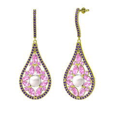 Apodemia İnci Küpe - Inci, pembe kuvars ve ametist 8 ayar altın küpe #tkixnl