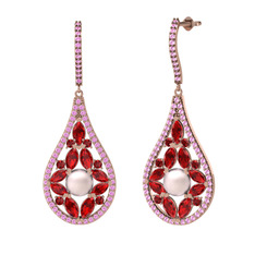Pembe inci, garnet ve pembe kuvars 18 ayar rose altın küpe