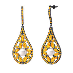 Apodemia İnci Küpe - Inci ve sitrin 925 ayar siyah rodyum kaplama gümüş küpe #tu46se