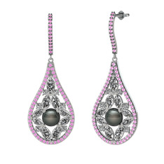 Apodemia İnci Küpe - Siyah inci, swarovski ve pembe kuvars 8 ayar beyaz altın küpe #u9w5b7
