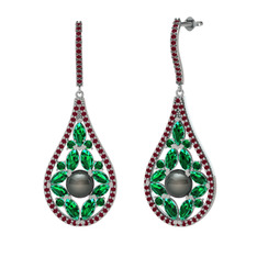 Siyah inci, yeşil kuvars ve kök yakut 18 ayar beyaz altın küpe