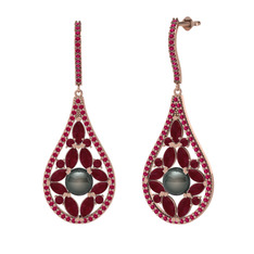 Apodemia İnci Küpe - Siyah inci, kök yakut ve rodolit garnet 8 ayar rose altın küpe #uhezpz