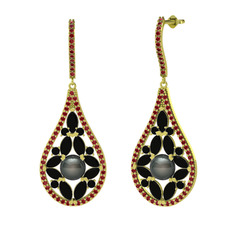 Siyah inci, siyah zirkon ve garnet 18 ayar altın küpe