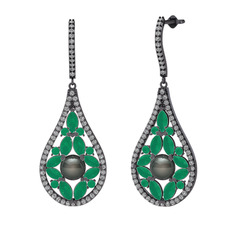 Apodemia İnci Küpe - Siyah inci, kök zümrüt ve swarovski 925 ayar siyah rodyum kaplama gümüş küpe #vc71fi