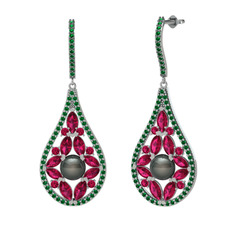 Apodemia İnci Küpe - Siyah inci, rodolit garnet ve yeşil kuvars 14 ayar beyaz altın küpe #vnqu4t