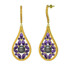 Apodemia İnci Küpe - Siyah inci, ametist ve sitrin 8 ayar altın küpe #vys2lz