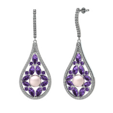 Apodemia İnci Küpe - Pembe inci, ametist ve swarovski 14 ayar beyaz altın küpe #w2qubc