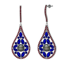 Siyah inci, lab safir ve kök yakut 14 ayar beyaz altın küpe