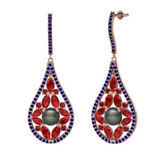 Apodemia İnci Küpe - Siyah inci, garnet ve lab safir 18 ayar rose altın küpe #w514hr