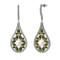 Inci, peridot ve swarovski 18 ayar beyaz altın küpe