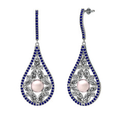 Apodemia İnci Küpe - Pembe inci, swarovski ve lab safir 8 ayar beyaz altın küpe #wpd6ud