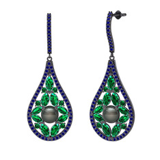 Siyah inci, yeşil kuvars ve lab safir 925 ayar siyah rodyum kaplama gümüş küpe