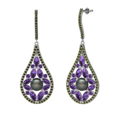 Apodemia İnci Küpe - Siyah inci, ametist ve peridot 8 ayar beyaz altın küpe #xav7ny