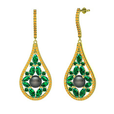 Siyah inci, yeşil kuvars ve sitrin 8 ayar altın küpe