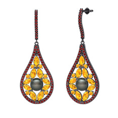 Apodemia İnci Küpe - Siyah inci, sitrin ve garnet 925 ayar siyah rodyum kaplama gümüş küpe #xlz3p