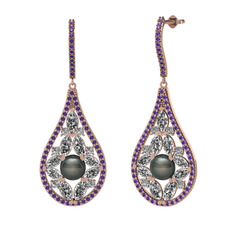 Siyah inci, swarovski ve ametist 925 ayar rose altın kaplama gümüş küpe