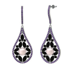 Apodemia İnci Küpe - Pembe inci, siyah zirkon ve ametist 18 ayar beyaz altın küpe #xvqxa8