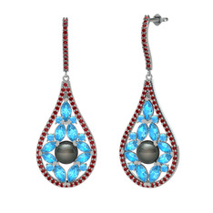 Apodemia İnci Küpe - Siyah inci, akuamarin ve garnet 925 ayar gümüş küpe #y09af