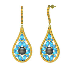 Siyah inci, akuamarin ve sitrin 8 ayar altın küpe