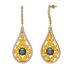 Apodemia İnci Küpe - Siyah inci, sitrin ve pembe kuvars 14 ayar altın küpe #yja4so