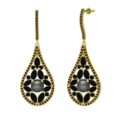 Siyah inci, siyah zirkon ve dumanlı kuvars 925 ayar altın kaplama gümüş küpe