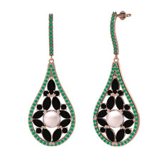 Apodemia İnci Küpe - Pembe inci, siyah zirkon ve kök zümrüt 8 ayar rose altın küpe #yp3gli