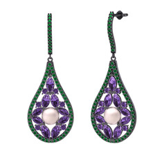 Apodemia İnci Küpe - Pembe inci, ametist ve yeşil kuvars 925 ayar siyah rodyum kaplama gümüş küpe #zznkpx